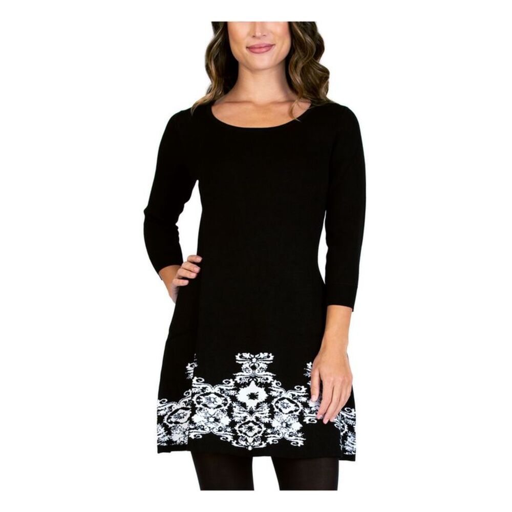 BCX Womens Black 3/4 Sleeve Scoop Neck Short Wear To Work Fit + Flare Dress L